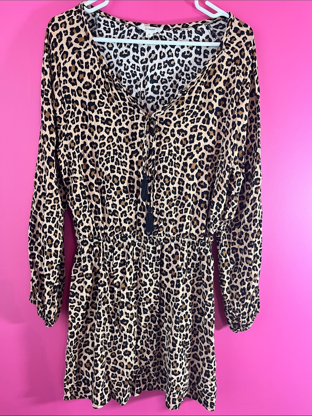 eesome Leopard Print Long-Sleeve Tie-Front Mini Dress - Brown/Black
